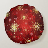 赤い背景のクリスマスゴールデンスノーフレーク ラウンドクッション (裏面)