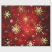 赤い背景のクリスマスゴールデンスノーフレーク ラッピングペーパー (フラット)