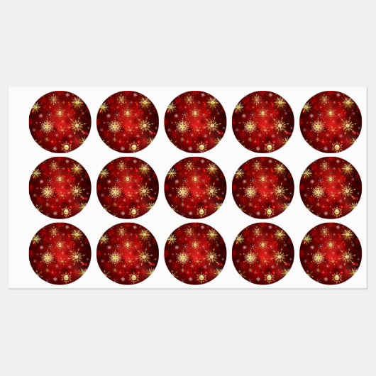 赤い背景のクリスマスゴールデンスノーフレーク ラベル (シート)