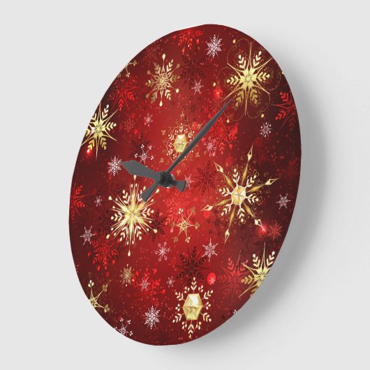 赤い背景のクリスマスゴールデンスノーフレーク ラージ壁時計 (傾斜)