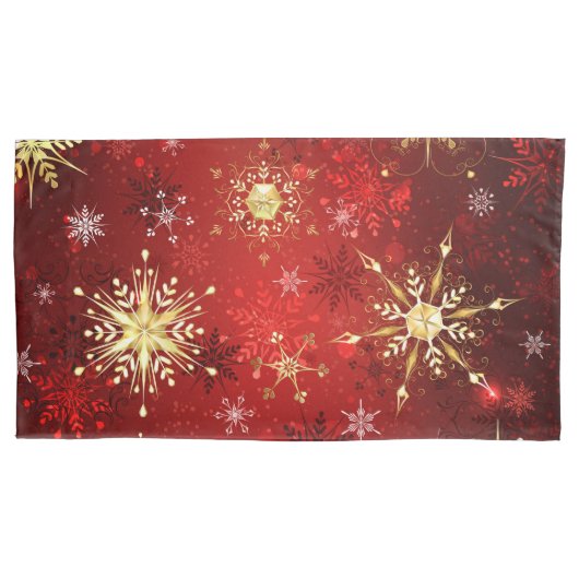 赤い背景のクリスマスゴールデンスノーフレーク 枕カバー (正面)