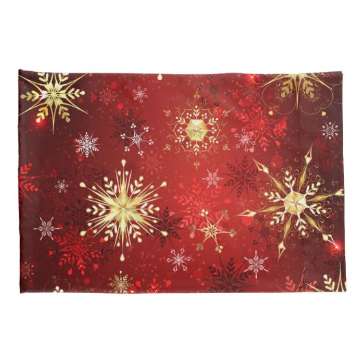 赤い背景のクリスマスゴールデンスノーフレーク 枕カバー (裏面-右)