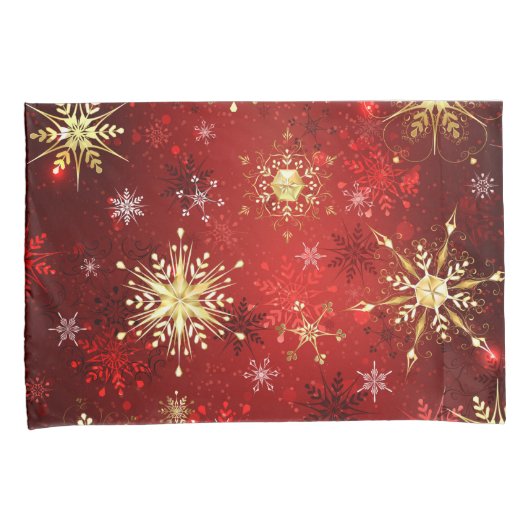赤い背景のクリスマスゴールデンスノーフレーク 枕カバー (正面右)