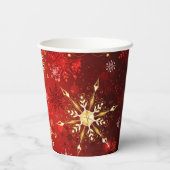 赤い背景のクリスマスゴールデンスノーフレーク 紙コップ (裏面)