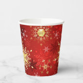 赤い背景のクリスマスゴールデンスノーフレーク 紙コップ (左)