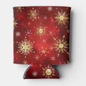 赤い背景のクリスマスゴールデンスノーフレーク 缶クーラー (正面)