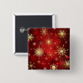 赤い背景のクリスマスゴールデンスノーフレーク 缶バッジ (正面&裏面)