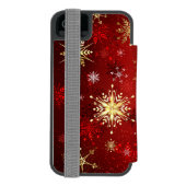 赤い背景のクリスマスゴールデンスノーフレーク INCIPIO iPhoneウォレットケース (フォリオ裏面)