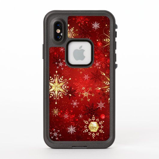 赤い背景のクリスマスゴールデンスノーフレーク LifeProof iPhoneケース (裏面)