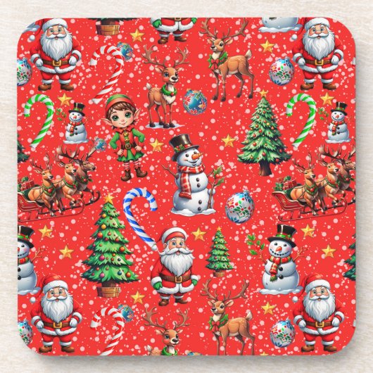 赤い背景のクリスマス装飾パターン コースター (正面)