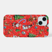 赤い背景のクリスマス装飾パターン iPhone 15ケース (裏面横)