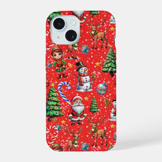 赤い背景のクリスマス装飾パターン iPhone 15ケース (裏面)