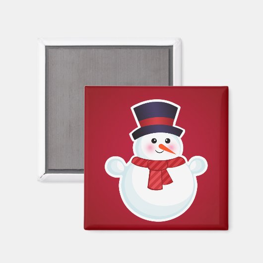 赤い背景のクリスマス雪だるま マグネット (正面/裏面)