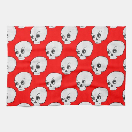 赤い背景のスカルパターン キッチンタオル (横)