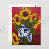 赤い背景のパリの黄色のひまわり ポストカード (正面/裏面)