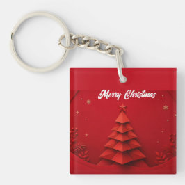 赤い背景のペーパークリスマスツリー キーホルダー