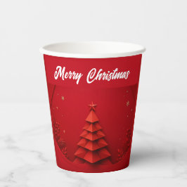 赤い背景のペーパークリスマスツリー 紙コップ