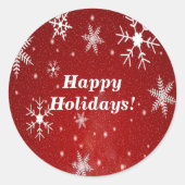 赤い背景の丸いステッカー付き雪片 ラウンドシール (正面)