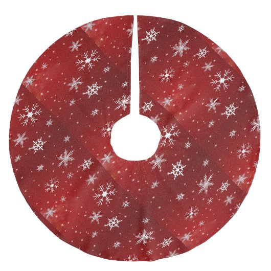 赤い背景の木のスカート 白い雪の結晶 ブラッシュドポリエステルツリースカート (正面)