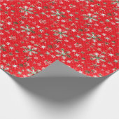 赤い背景の白いおよび緑の雪片 ラッピングペーパー (角)