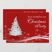 赤い背景の白いクリスマスツリーのクリスマスパーティー 招待状 (正面/裏面)