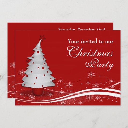 赤い背景の白いクリスマスツリーのクリスマスパーティー 招待状 (正面/裏面)