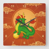 赤い背景の緑の中国の龍 スクエア壁時計 (正面)