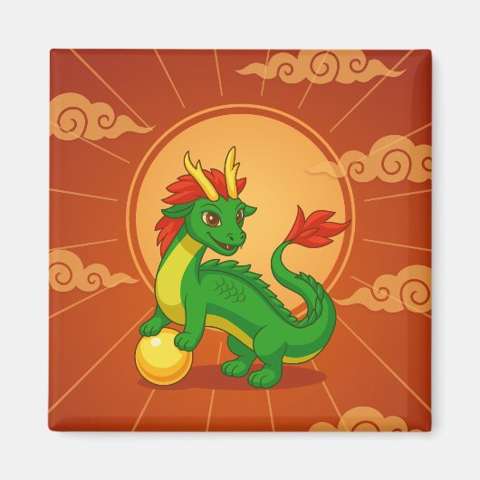 赤い背景の緑の中国の龍 マグネット (正面)