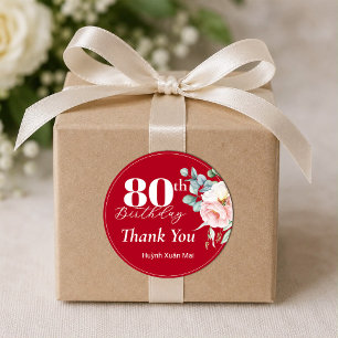 赤い背景の芍薬の誕生日ギフトタグ/丸シール ラウンドシール