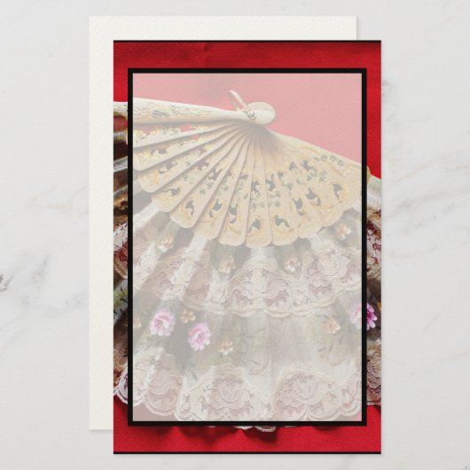 赤い背景の華美な手持ち型ファン 便箋 (正面/裏面)