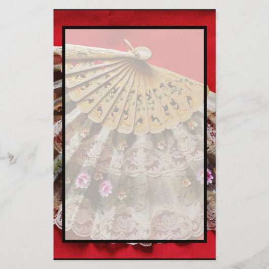 赤い背景の華美な手持ち型ファン 便箋 (正面)