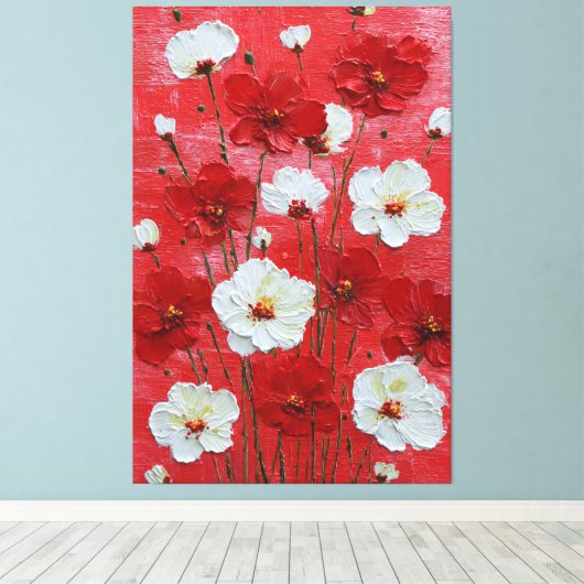 赤い背景の赤と白の花の厚塗りペインティング キャンバスプリント (インサイチュ (ウッドフロア))