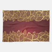 赤い背景の金葉のレース キッチンタオル (横)