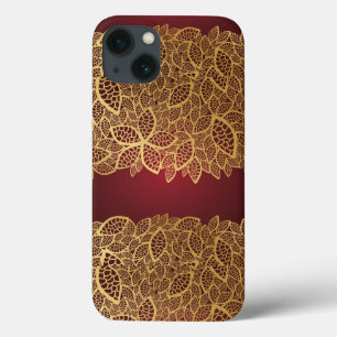 赤い背景の金葉のレース iPhone 13ケース