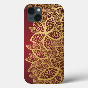 赤い背景の金葉のレース iPhone 13ケース