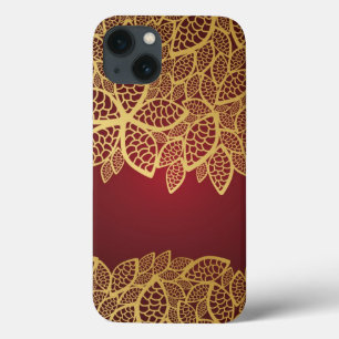 赤い背景の金葉のレース iPhone 13ケース