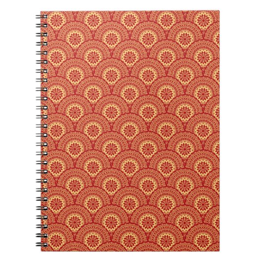 赤い背景の黄金の曼荼羅の波 ノートブック (正面)
