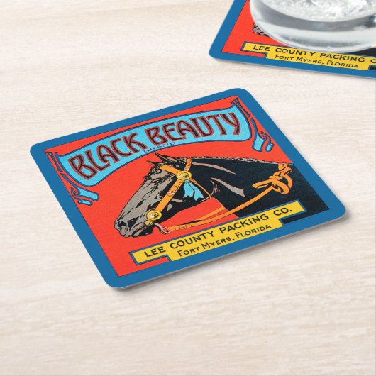 赤い背景の黒い美しいの馬 スクエアペーパーコースター (アングル)