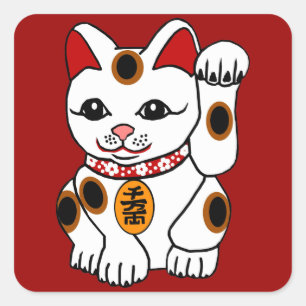 赤い背景のManeki Neko猫 スクエアシール