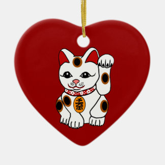 赤い背景のManeki Neko猫 セラミックオーナメント