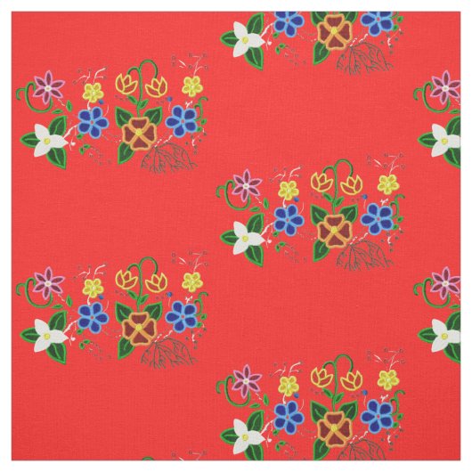 赤い背景を持つOjibweフローラデザイン ファブリック (見本)
