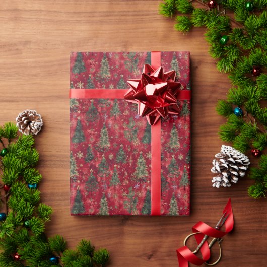 赤い背景クリスマス:木々と金ゴールドの森 ラッピングペーパー (クリスマスギフト)