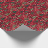 赤い背景クリスマス：木々と金ゴールドの森 ラッピングペーパー (角)