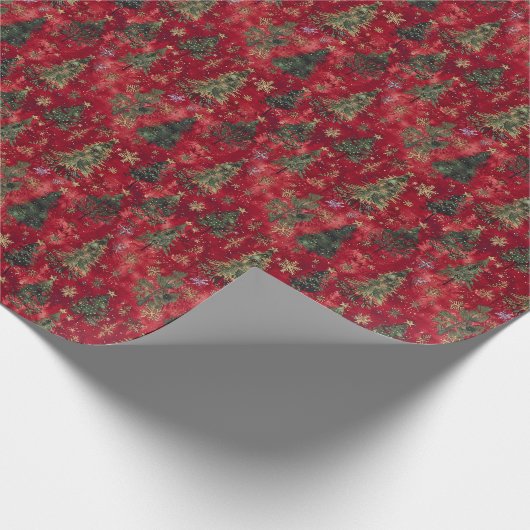 赤い背景クリスマス：木々と金ゴールドの森 ラッピングペーパー (角)