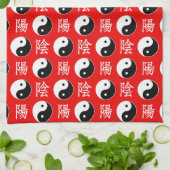 赤い背景中国の陽模様 キッチンタオル (折り畳み)