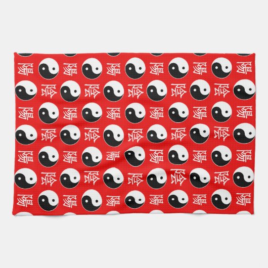 赤い背景中国の陽模様 キッチンタオル (横)