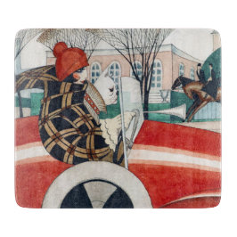 赤い自動車の中で女の子とパグ犬 カッティングボード