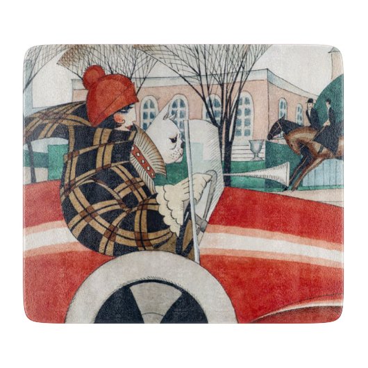 赤い自動車の中で女の子とパグ犬 カッティングボード (正面)