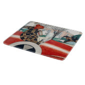 赤い自動車の中で女の子とパグ犬 カッティングボード (角)