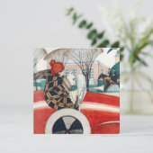 赤い自動車の中で女の子とパグ犬 カード (スタンド正面)